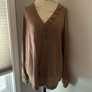 La miel Top Light Brown Waffle Knit V neck Button Detail long sleeves NWOT